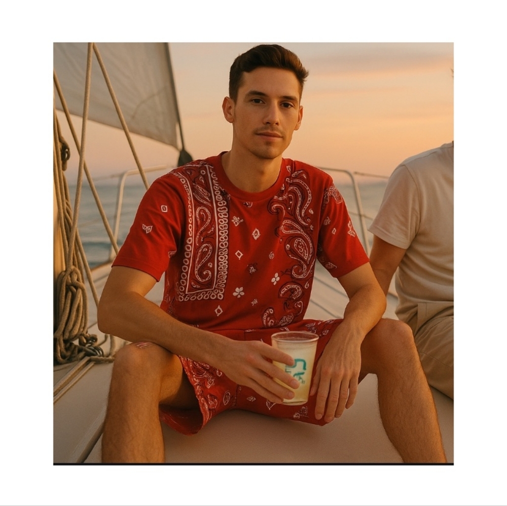 Reason Red Bandana Print T-Shirt Shorts Set  Sz Large Cotton Loungewear …